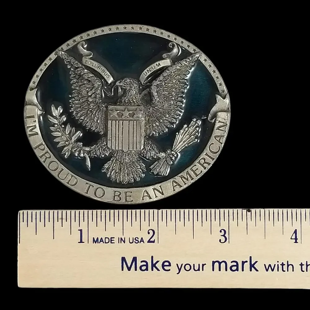 Vintage Belt Buckle Pewter 1981 I'm Proud To Be An‎ American E Pluribus Unum USA